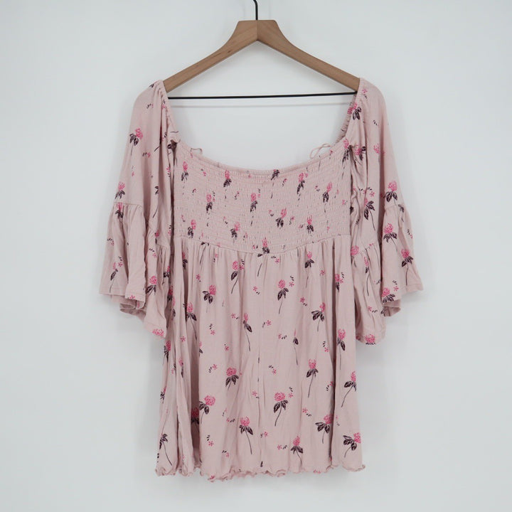 Free People Pink Floral Smocked Square Neck Bell Sleeve Blouse Top M