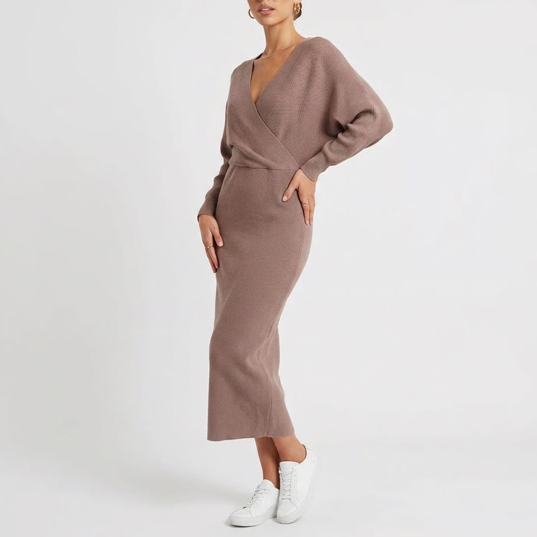 Coffee Brown Ribbed Knit Wrap Midi Dress Open Back Dolman Sleeve L