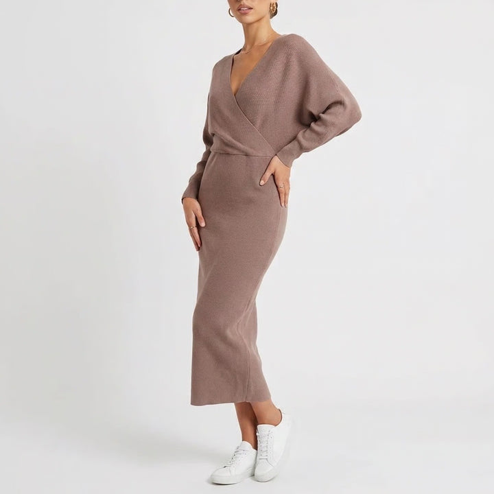 Coffee Brown Ribbed Knit Wrap Midi Dress Open Back Dolman Sleeve L