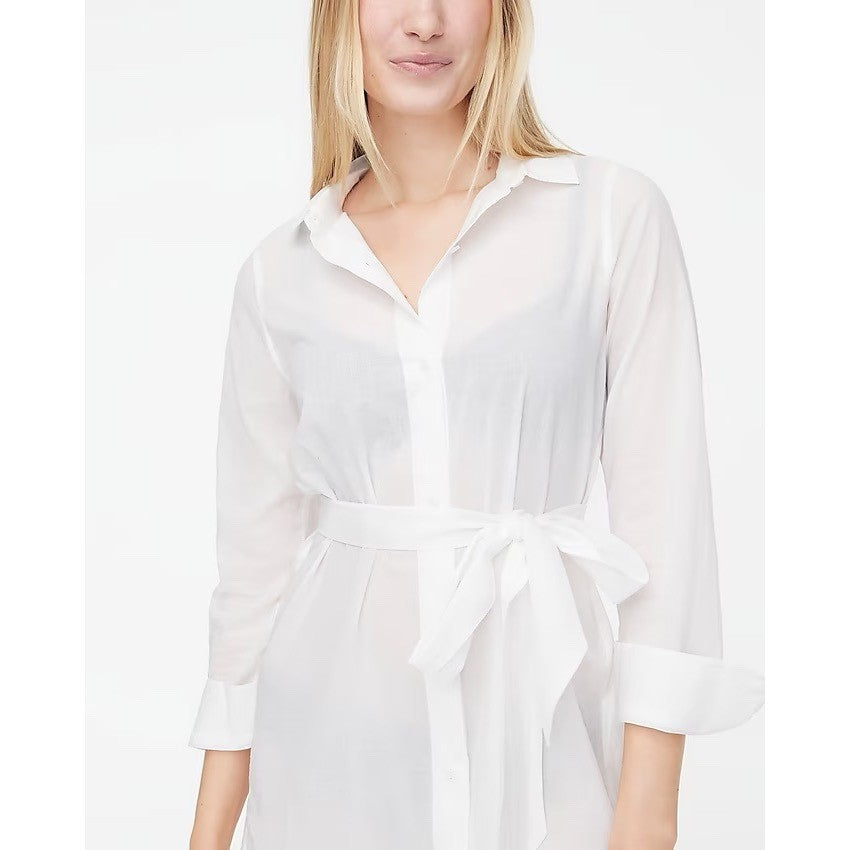 J. Crew White Button Down Shirt Dress Tie Waist Sheer Linen Blend Size S