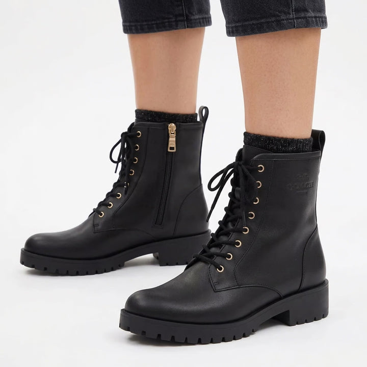 Coach Black Leather Combat Boots Gold Hardware Side Zip Womens 8B