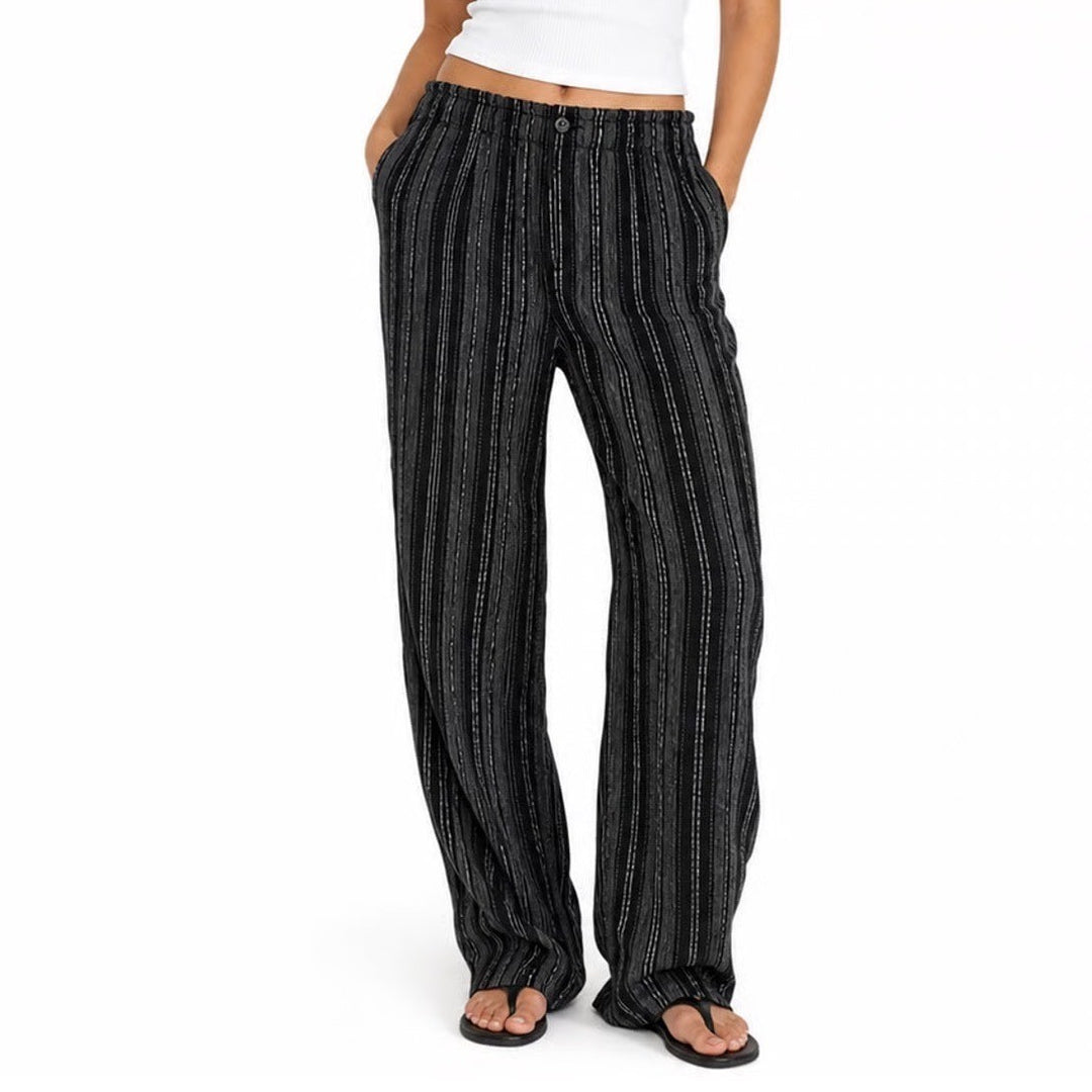 Briggs Womens Black White Striped Linen Blend Elastic Waist Straight Pants M