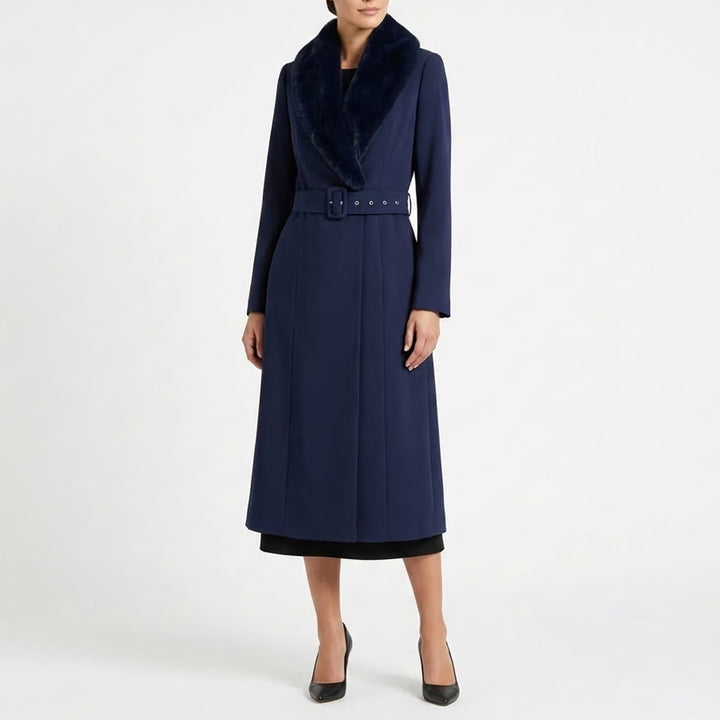 Naked Wardrobe The Statement Trench Coat Womens Medium Navy Fur Shawl Collar