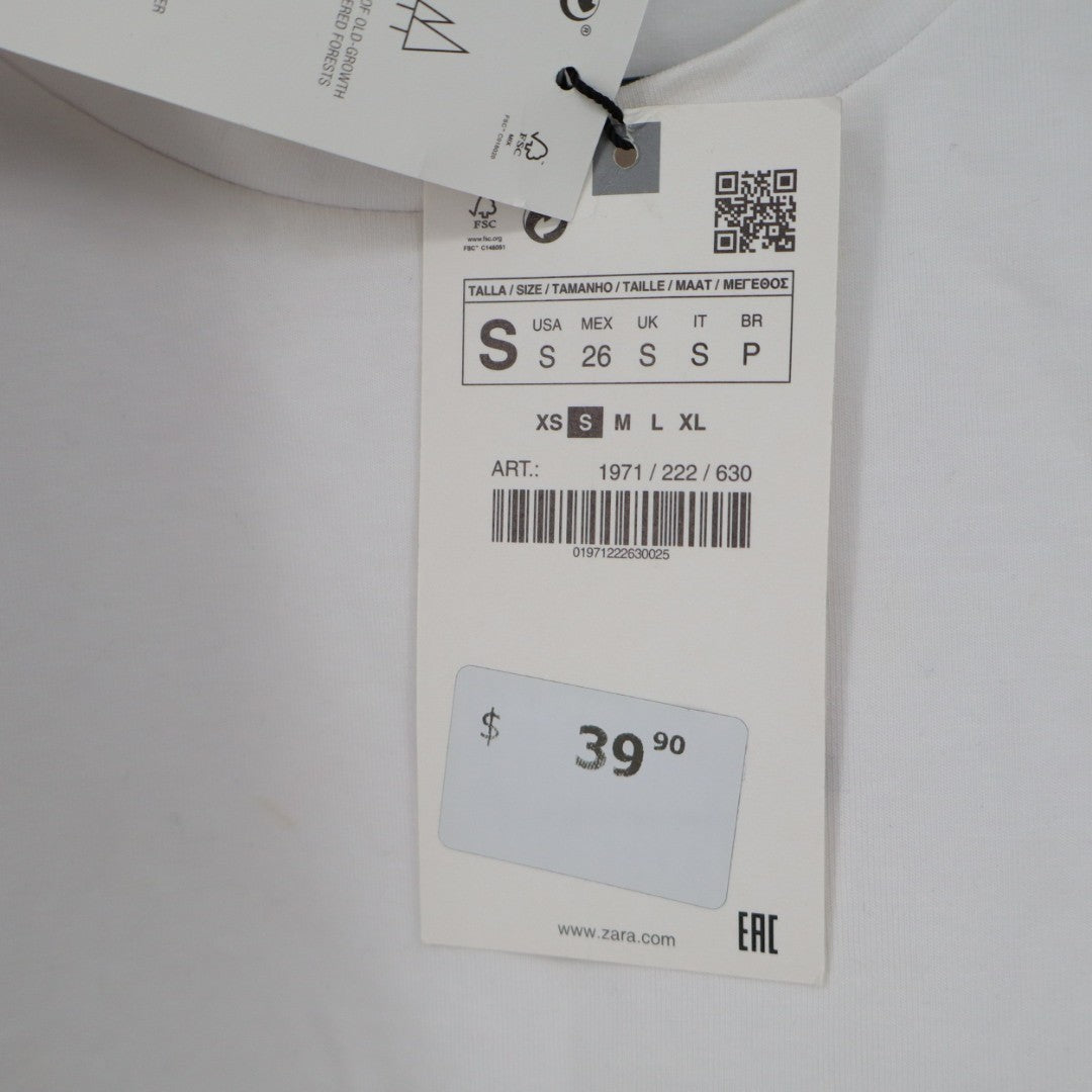 Zara Cropped T-Shirt Womens Large White Cotton Stretch Crew Neck Short Sleeve