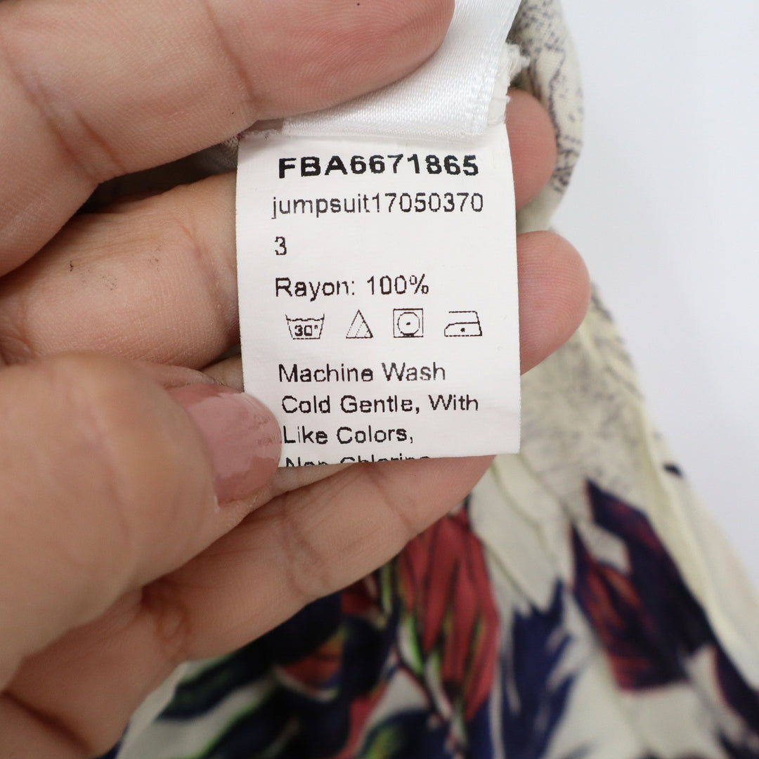 Tropical Floral Rayon Romper Jumpsuit Cream Navy Medium