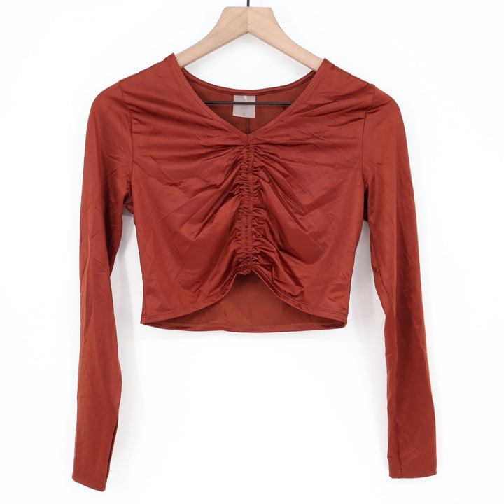 Calia Womens Ruched Long Sleeve Rashguard Red Brown Shine UPF 50+ Small NEW
