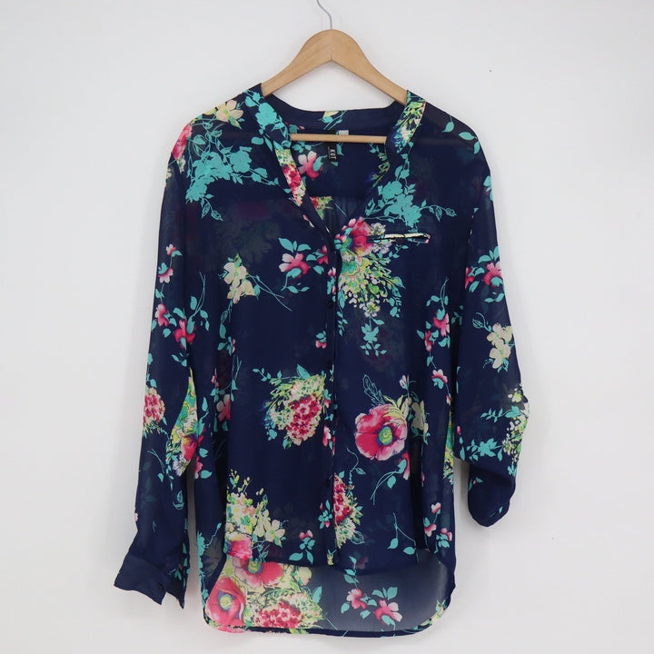 KUT from the Kloth Navy Floral Chiffon Blouse Long Sleeve High Low Top Large