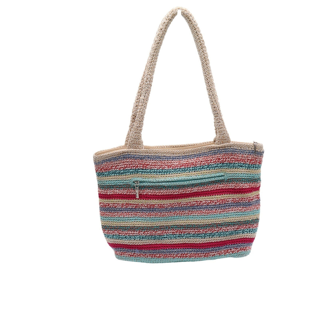 The Sak Crochet Tote Bag Multicolor Striped Floral Applique Shoulder Bag