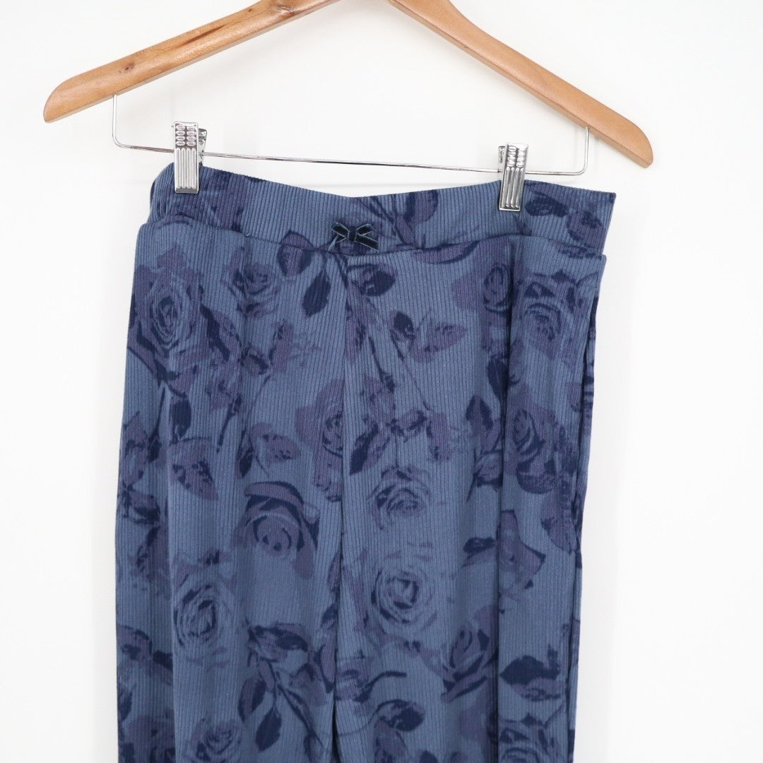 Pajama Pants Women Large Blue Floral Knit Stretch Ribbed Elastic Waist Straight