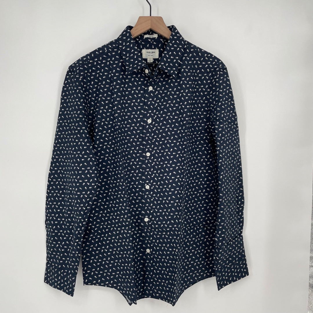 JULIAN MARK L Tall Navy Blue Abstract Dot Print Long Sleeve Button Down Stretch