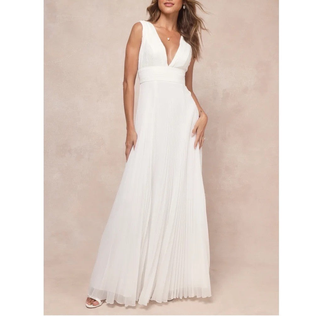 Lulus Gorgeous Forever Maxi Dress Womens S Ivory Chiffon Lace Pleated Backless