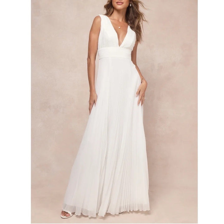 Lulus Gorgeous Forever Maxi Dress Womens S Ivory Chiffon Lace Pleated Backless