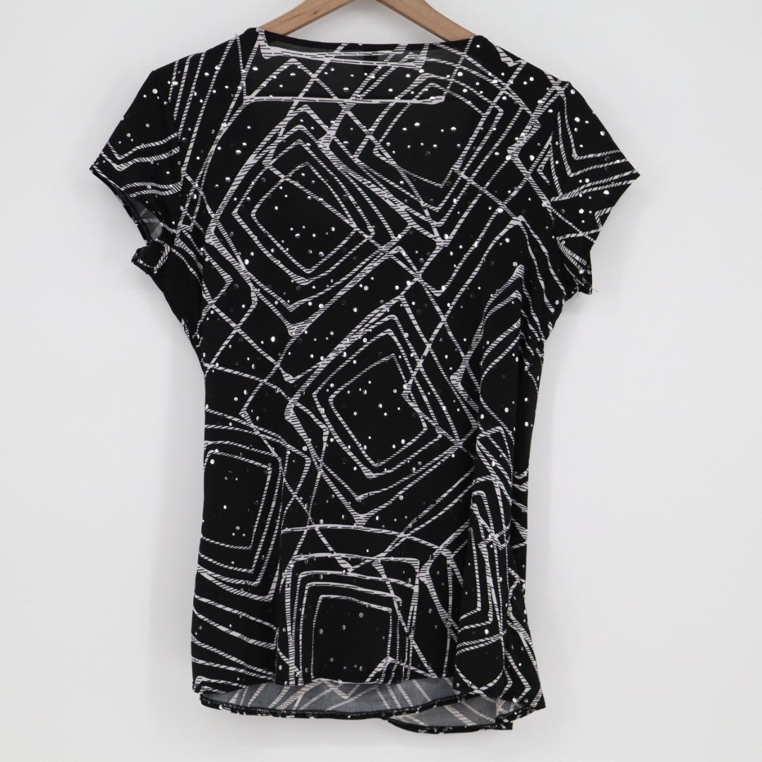 Jason Maxwell Wrap Top Womens Black White Geometric Print Short Sleeve Pullover