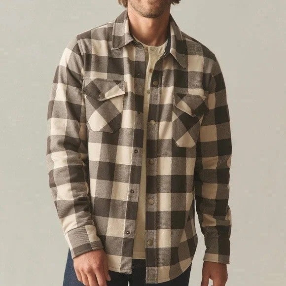 American Giant Redwood Fleece Overshirt Unisex Medium White Plaid Spread Collar