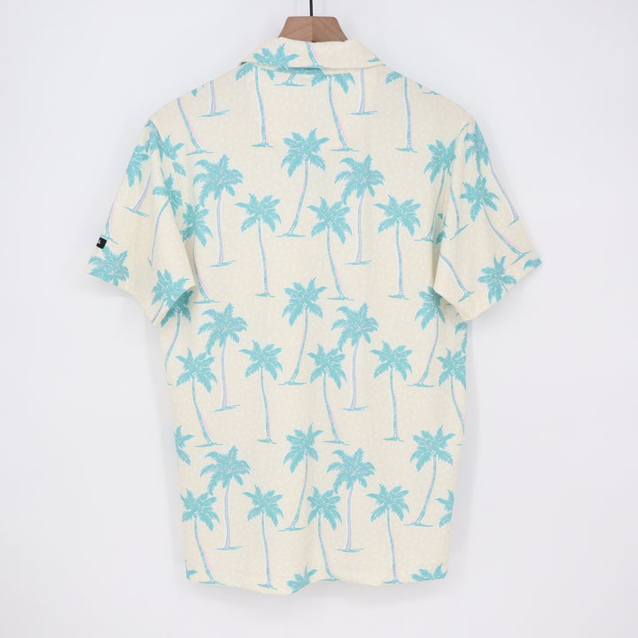 Bad Birdie Mens Small Palm Tree Tropical Golf Polo Shirt Cream Teal