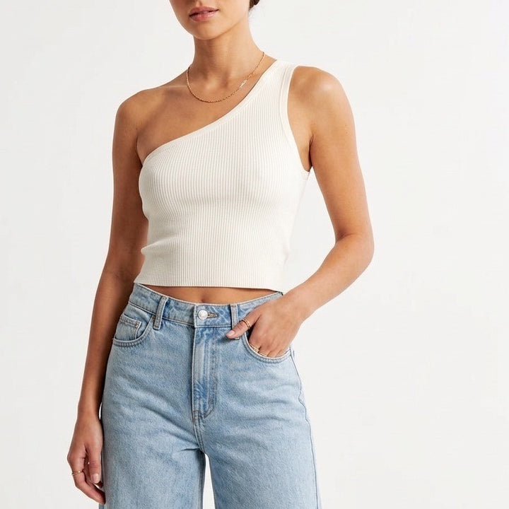 American Eagle Outfitters Cropped Top Womens Large White Ribbed One-Shoulder