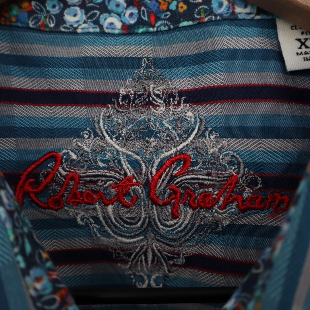 Robert Graham Classic Fit Striped Embroidered Long Sleeve Button Up Shirt XL