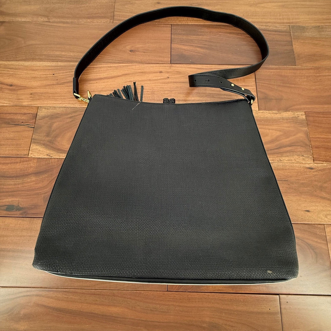 Stella Dot Hayes Tassel Hobo Black Textured Crossbody Shoulder Bag