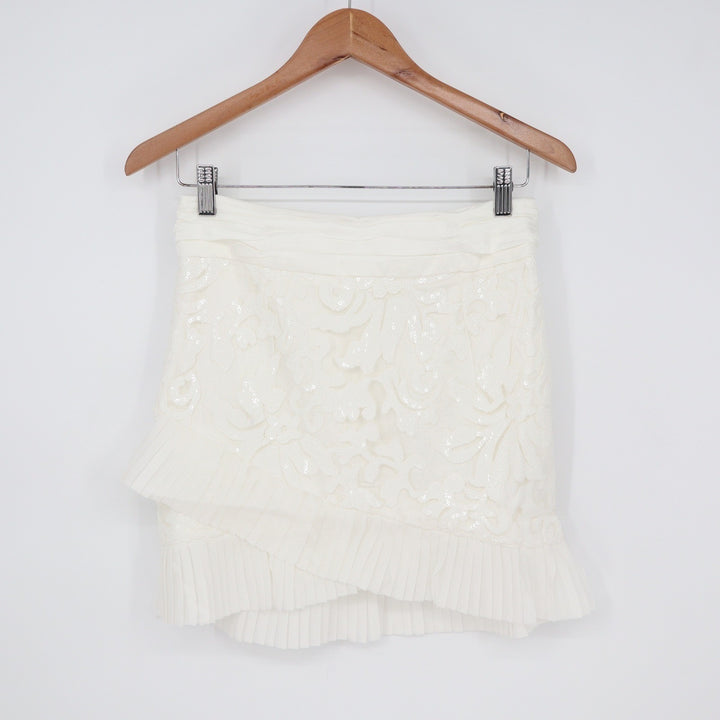 Naked Wardrobe The Statement White Sequin Floral Lace Pleated Mini Skirt L