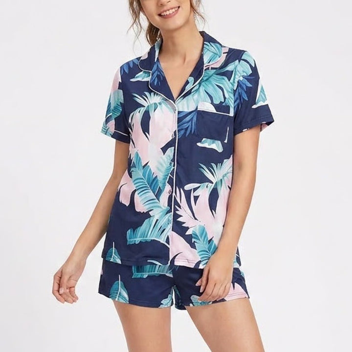 Ekouaer Mens Pajama Set Large Navy Tropical Banana Leaf Short Sleeve Button Down