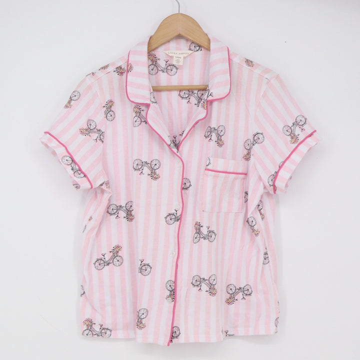 Laura Ashley Pajama Set Womens Large Pink Striped Bicycle Capri Pants Excellent