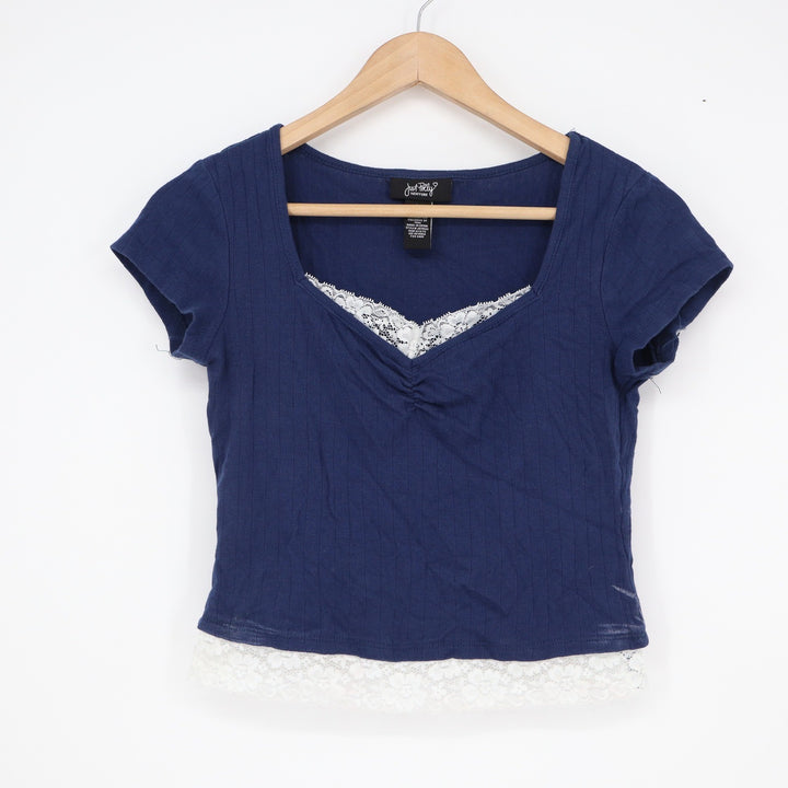 Just Polly New York Navy Blue Lace Trim Ribbed Sweetheart Top Size M J