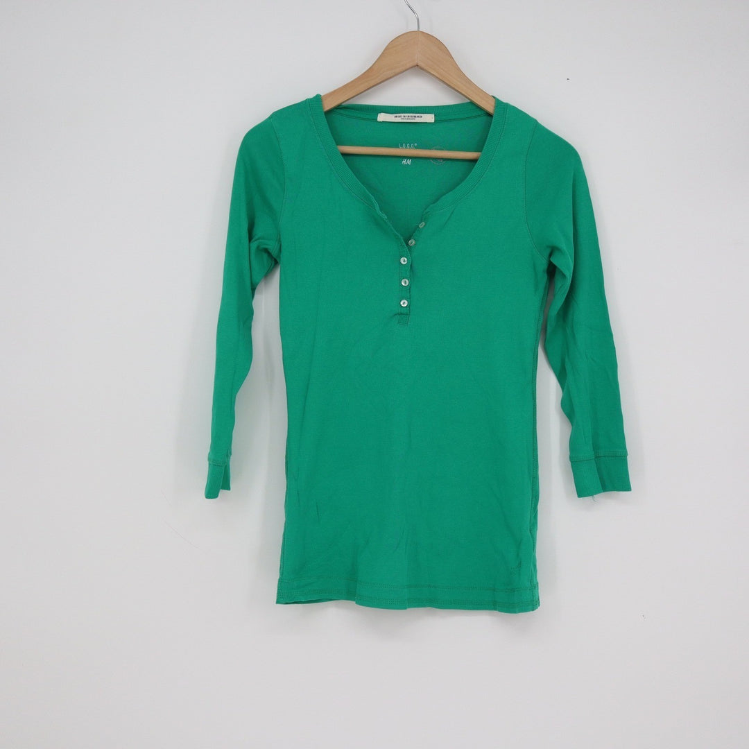 HM LOGG Womens Green Organic Cotton 3/4 Sleeve Henley Top Size S