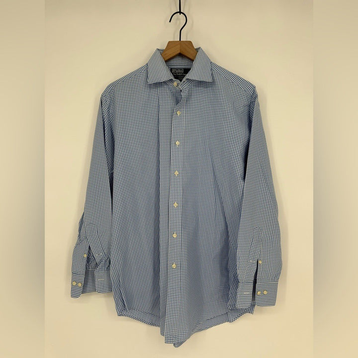 Polo Ralph Lauren Men's Windowpane Plaid Button Down Blue Shirt Size 16.5 32/33