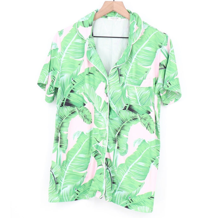 Ekouaer Womens Pajama Set Large Green Pink Tropical Banana Leaf Print 2pc PJ