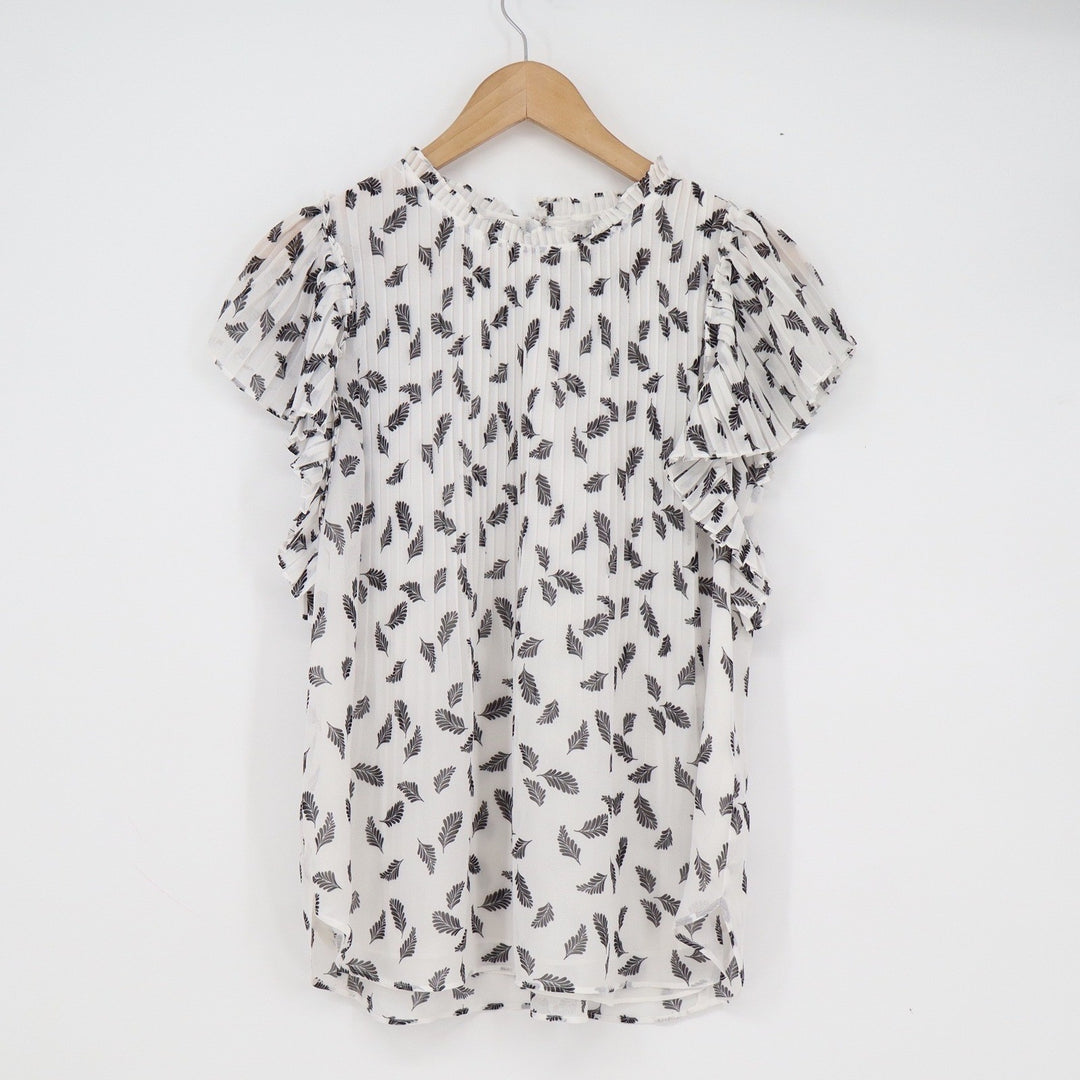 Ann Taylor Factory Leaf Print Pleated Flutter Sleeve Blouse White Black Small
