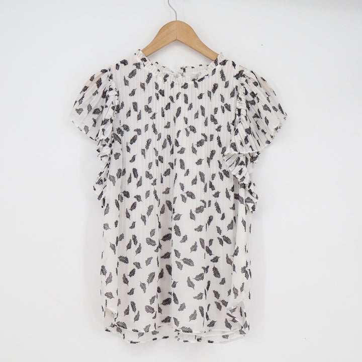 Ann Taylor Factory Leaf Print Pleated Flutter Sleeve Blouse White Black Small