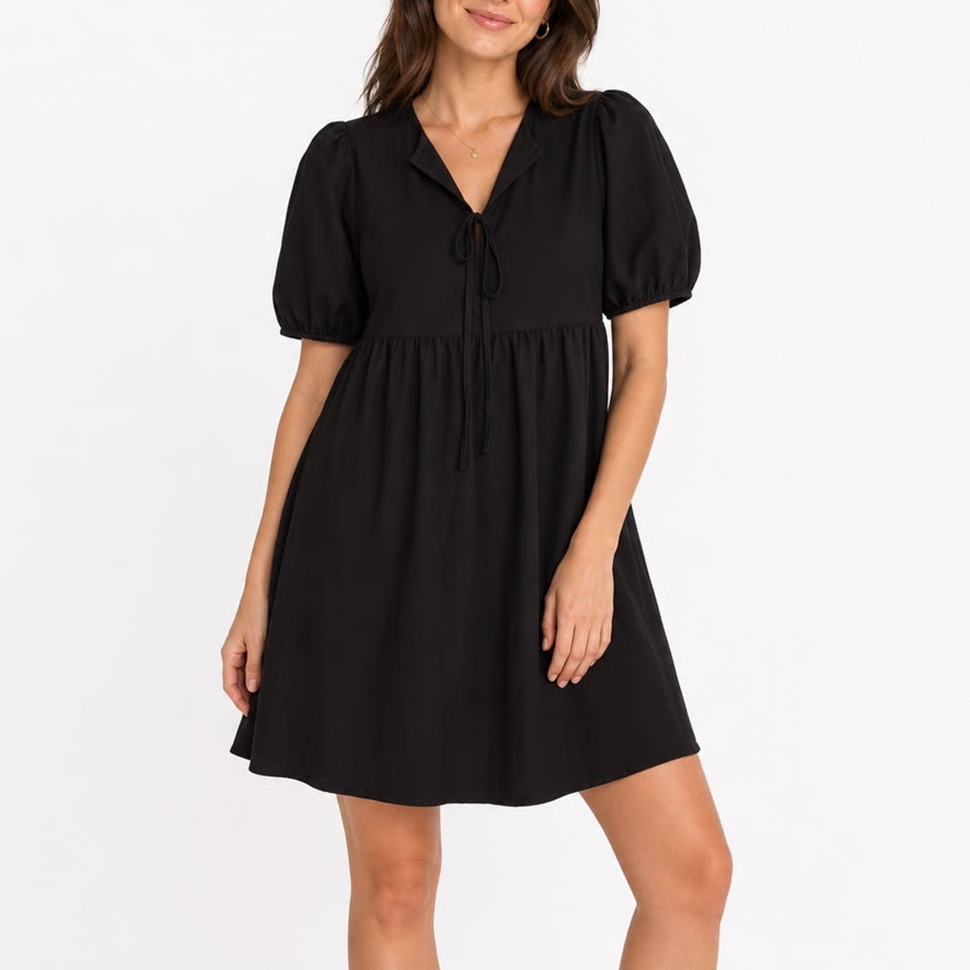 PrettyGarden Black Lyocell Cotton Tie Neck Puff Sleeve Babydoll Dress Large