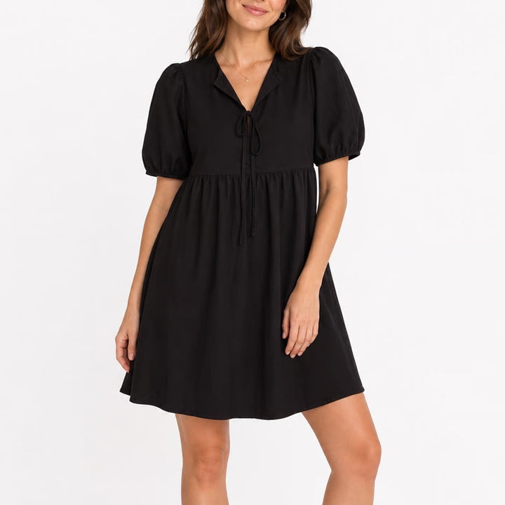 PrettyGarden Black Lyocell Cotton Tie Neck Puff Sleeve Babydoll Dress Large