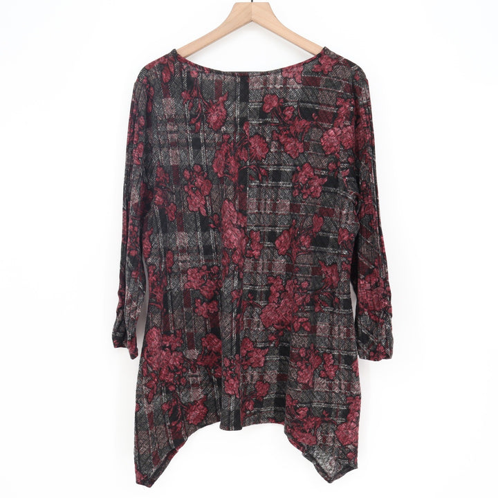 ALYX Tunic Womens 2X Floral Plaid Red Sharkbite Hem Stretch Knit Excellent