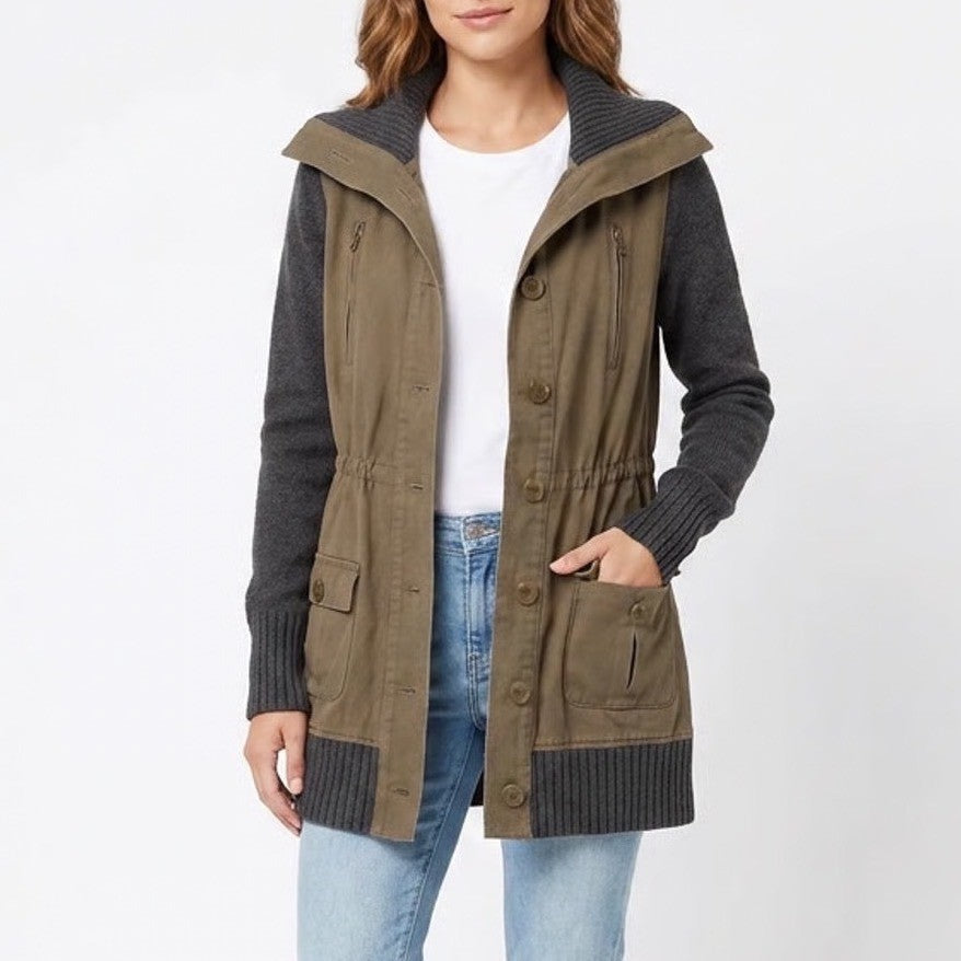 Princess Vera Wang Utility Jacket M Beige Black Knit Cotton Ribbed Button Front
