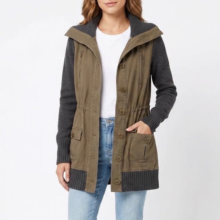 Princess Vera Wang Utility Jacket M Beige Black Knit Cotton Ribbed Button Front