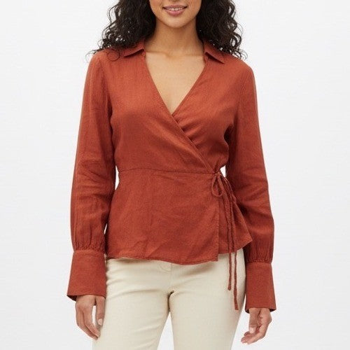 J. Crew Rust Red Linen Blend Wrap Long Sleeve Shirt Top Size 16