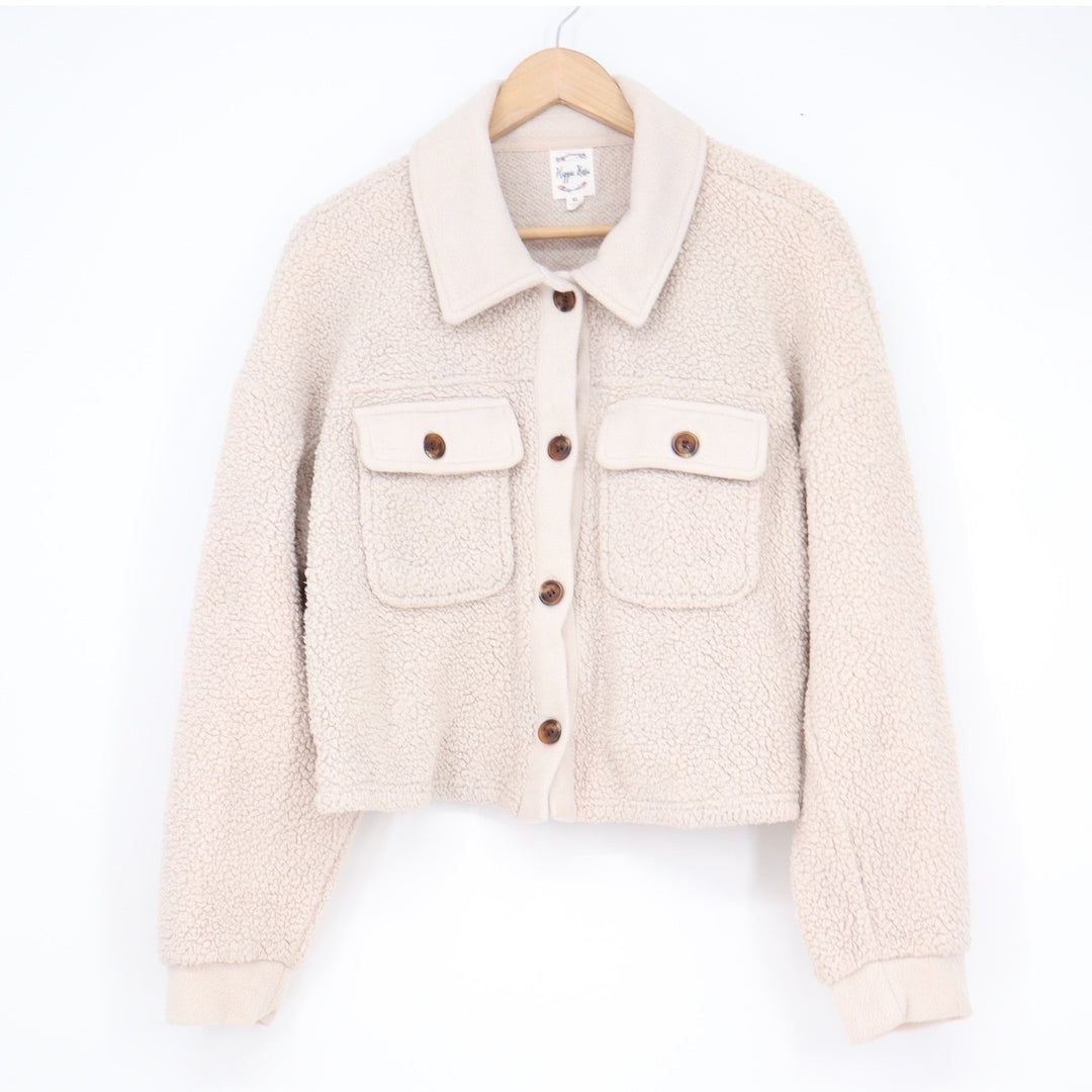 Hippie Rose Cream Faux Fur Teddy Shacket Cropped Button Front Jacket XL