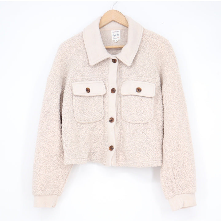 Hippie Rose Cream Faux Fur Teddy Shacket Cropped Button Front Jacket XL