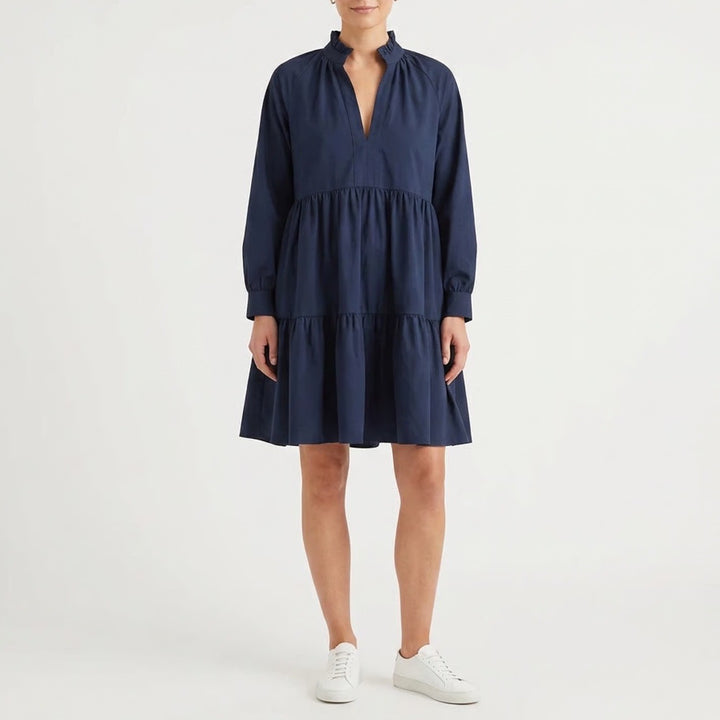SHEIN Navy Blue Tiered Babydoll Mini Dress Ruffle Neck Long Sleeve Large