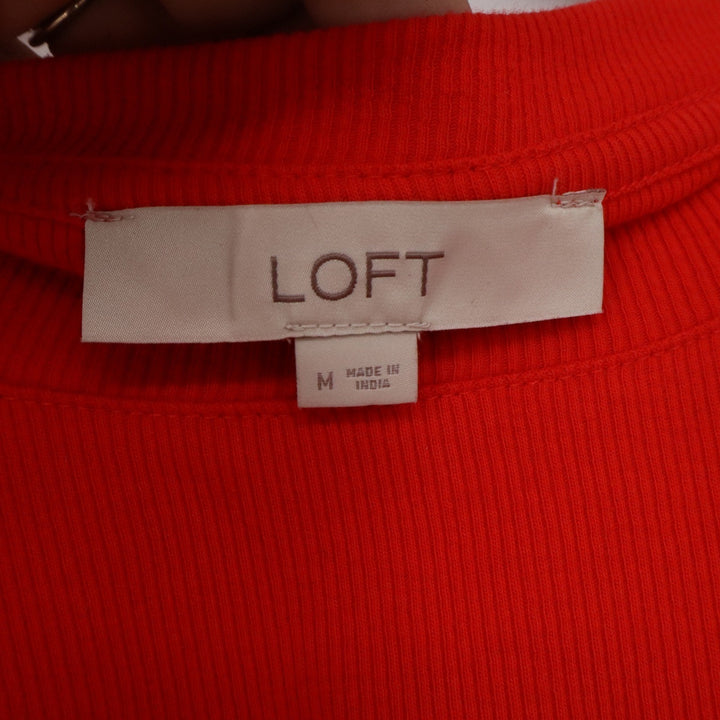 LOFT Red Puff Sleeve Ribbed Knit Top Medium Smocked Cuff Crew Neck