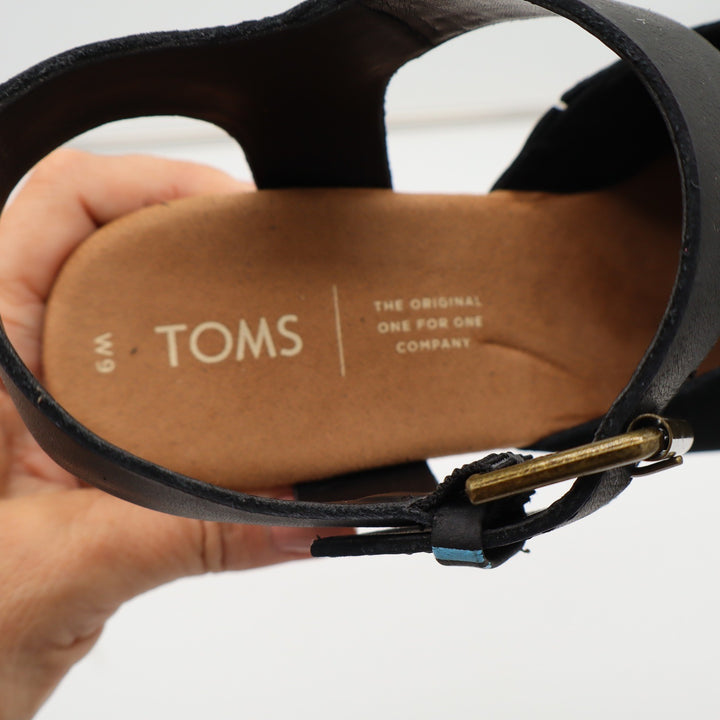 TOMS Tropez Black Suede Leather Wedge Sandals Peep Toe Ankle Strap Sz 9