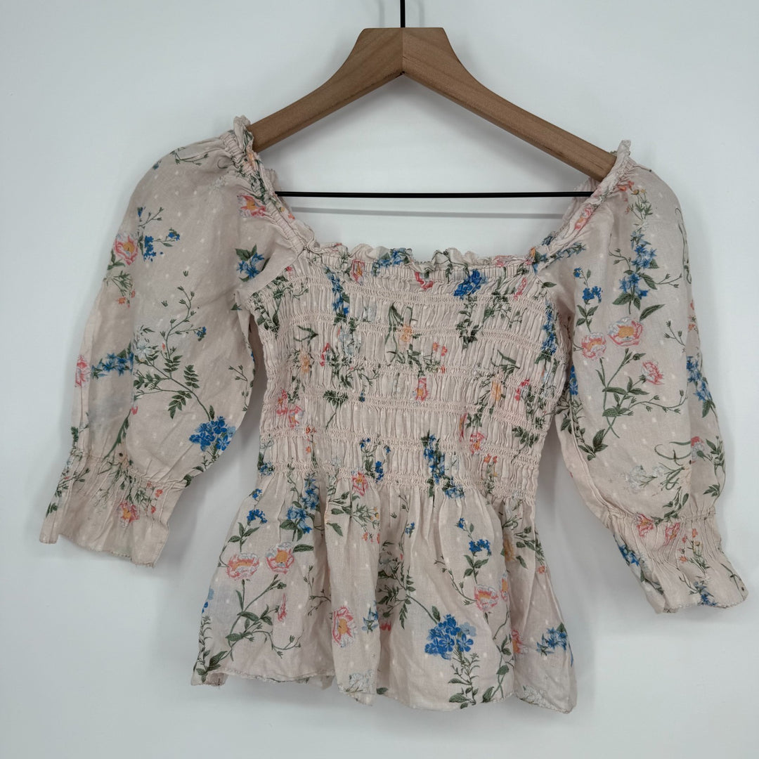 Saylor Cropped Top Womens XS Multicolor Floral Smocked Puff Sleeve Square Neck
