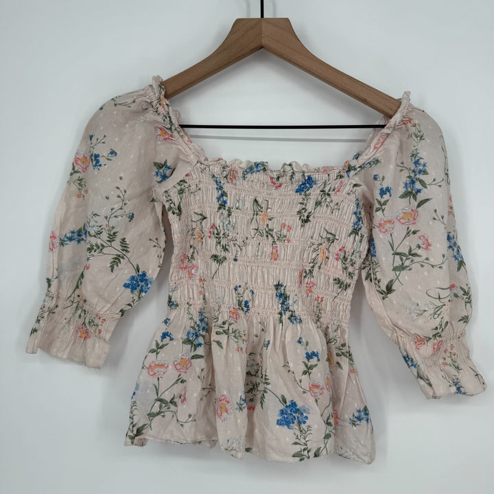 Saylor Cropped Top Womens XS Multicolor Floral Smocked Puff Sleeve Square Neck