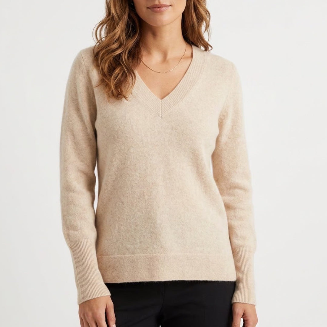 Halogen Womens 100% Cashmere V-Neck Sweater Beige Oatmeal Size 1 Long Sleeve