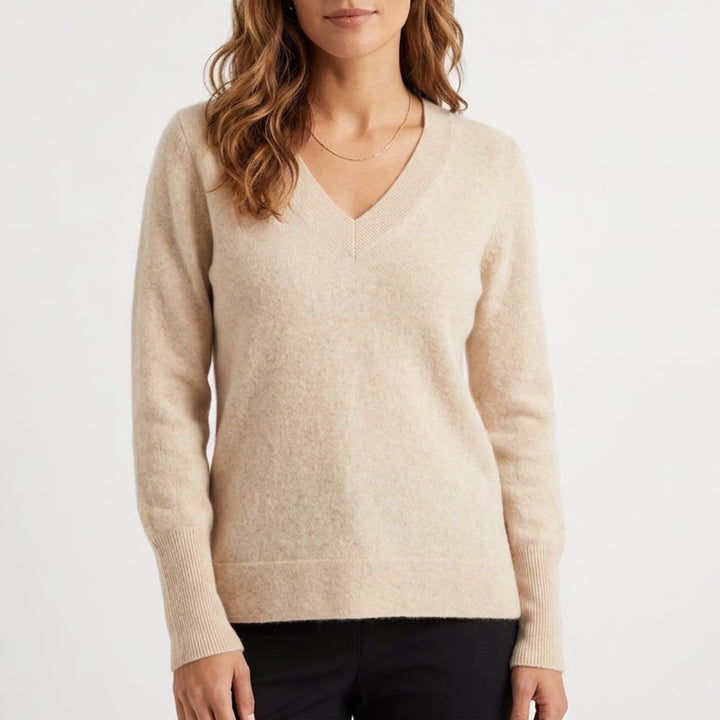 Halogen Womens 100% Cashmere V-Neck Sweater Beige Oatmeal Size 1 Long Sleeve