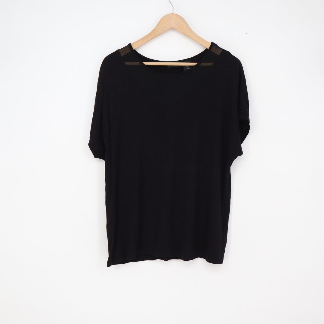 Tahari Top Womens XL Short Sleeve Mesh Shoulder Solid Black Contemporary