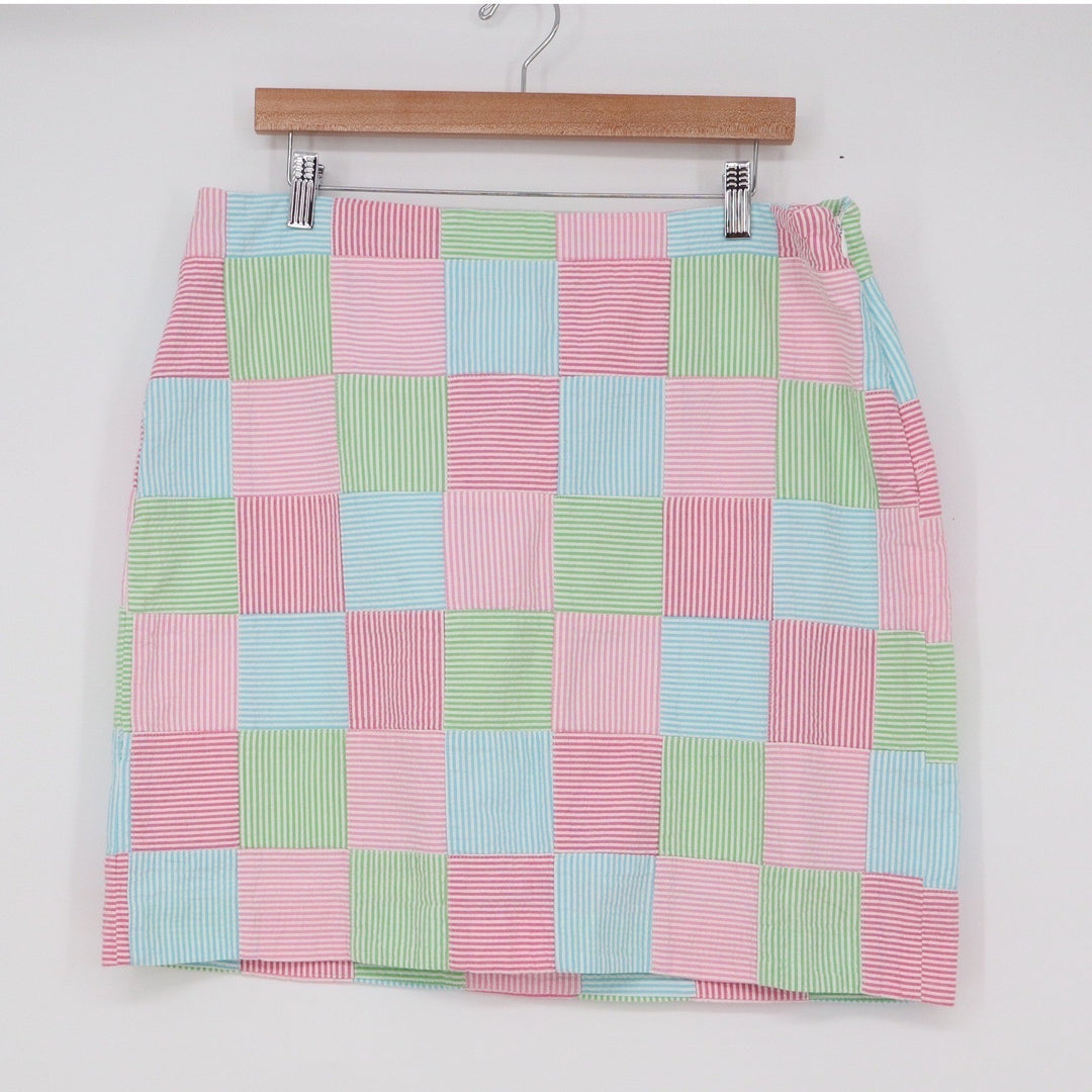 Talbots Pink Green Blue Pastel Patchwork Seersucker Cotton Mini Skirt Size 14