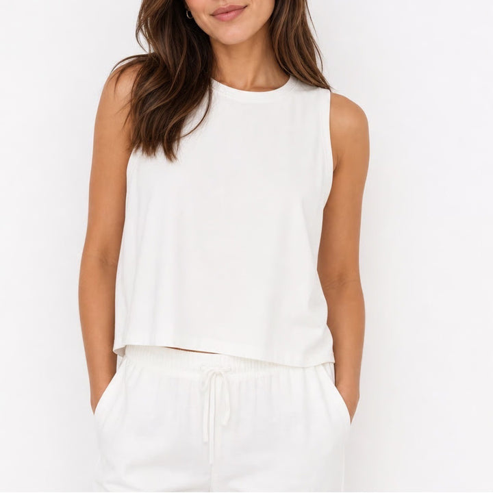 Athleta White Nylon Muscle Tank Top Womens XL Relaxed Fit Crew Neck
