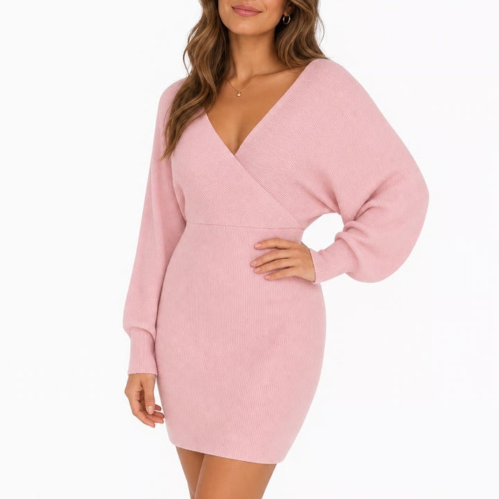 Pink Ribbed Knit Wrap Front Long Sleeve Back Cutout Mini Sweater Dress Large